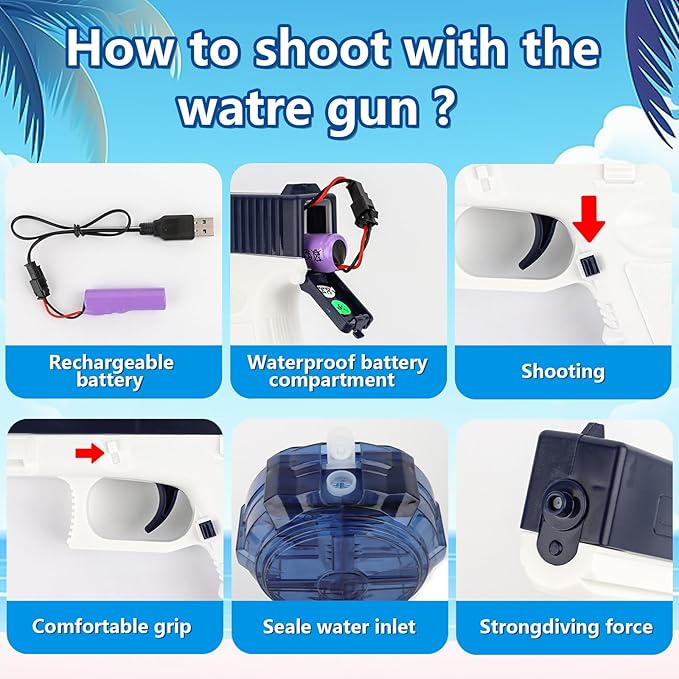 Pistolet a Eau électrique Puissant Longue Portée, Batterie Rechargeable par USB